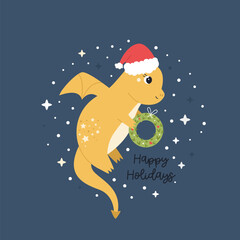 Fototapeta premium Cute Holiday Dragon Flying in Santa Hat on Blue Background