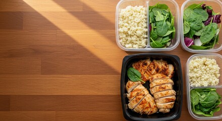 Healthy Meal Prep with Grilled Chicken, Spinach Salad and Couscous on Wooden Table