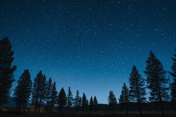 Night sky filled with stars above trees dark blue color peaceful scene.