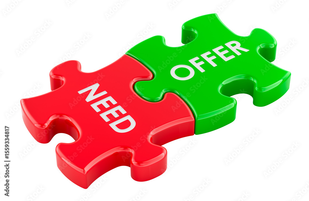 Poster need and offer puzzle pieces connected, demand and supply concept. 3d rendering isolated on transpar