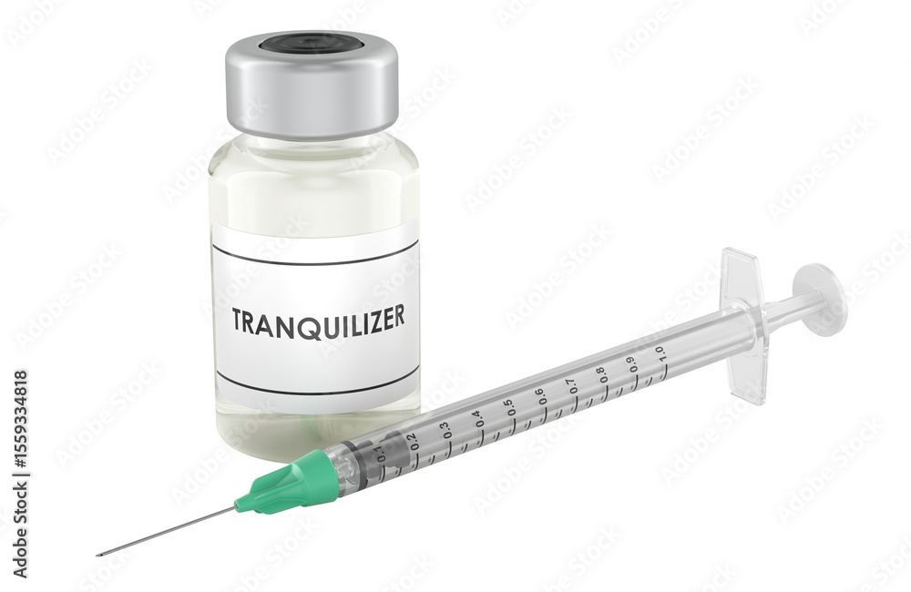 Poster tranquilizer vial and syringe. 3d rendering isolated on transparent background