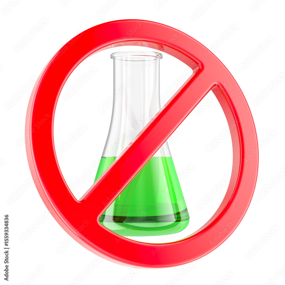 Poster no chemicals sign with flask and green liquid. 3d rendering isolated on transparent background