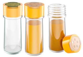 Glass spice jars with yellow lids, turmeric or curry powder. Kitchen seasoning containers. 3D rendering isolated on transparent background