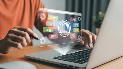 Person using laptop with domain name interface overlay showing .com .org and .net options visible - Powered by Adobe