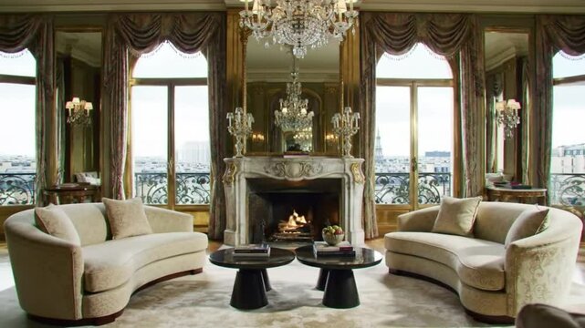 Luxurious classic Parisian hotel suite interior with a burning fireplace and pull out shot revealing a city view.