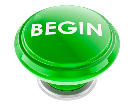 BEGIN green push button. 3D rendering isolated on transparent background