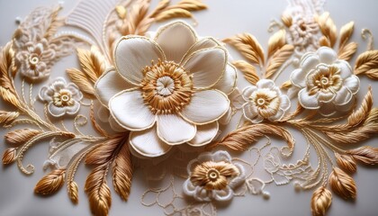 Fototapeta premium exquisite creamy floral embroidery with golden details on delica