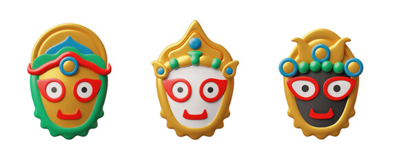 3d vector set of three faces of Jagannath, Balabhadra, Subhadra deities.
