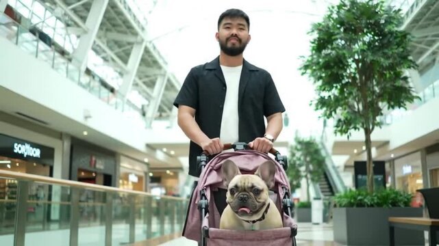 Bearded man pushing bulldog stroller inside modern shopping mall
