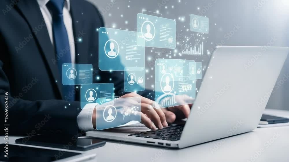 Poster Man in suit using laptop with holographic interface displaying user profiles and data analysis charts