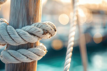 A close-up shot of a thick rope tied around a wooden pole with a blurred background.