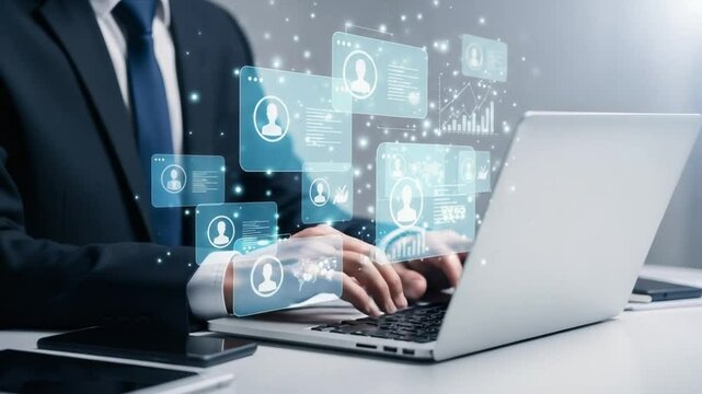 Man in suit using laptop with holographic interface displaying user profiles and data analysis charts - Powered by Adobe