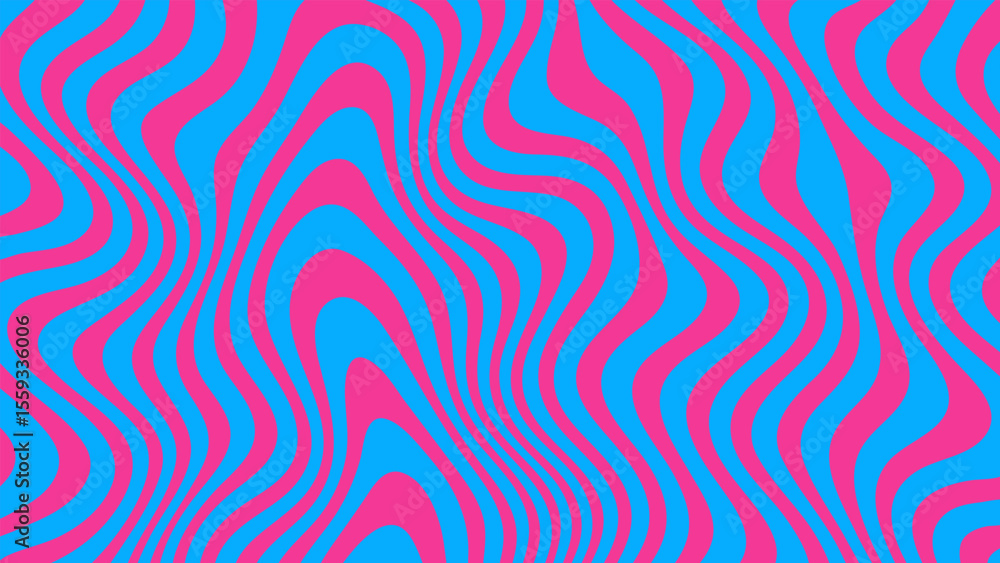 Poster pink and blue abstract optical wavy pattern with psychedelic 1970s aesthetic. retro groovy lines. fu