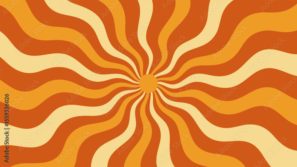 Poster Abstract groovy vector sunburst pattern radiating with wavy orange and yellow stripes for retro design.