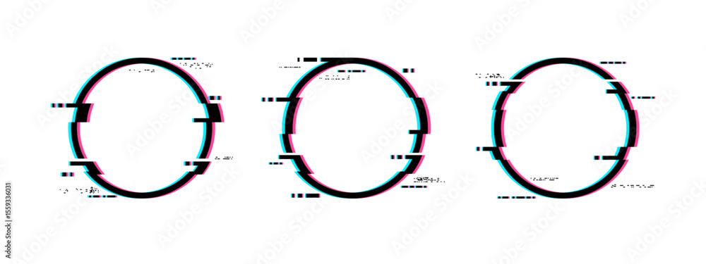 Poster Three circular glitch frames with digital distortion effect. Modern cyber design element used for tech background or video overlay.