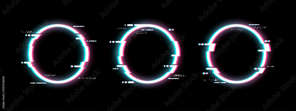 Poster Three glowing round frames with video error, digital distortion, and noise effect. Glitch circles on black background for design.