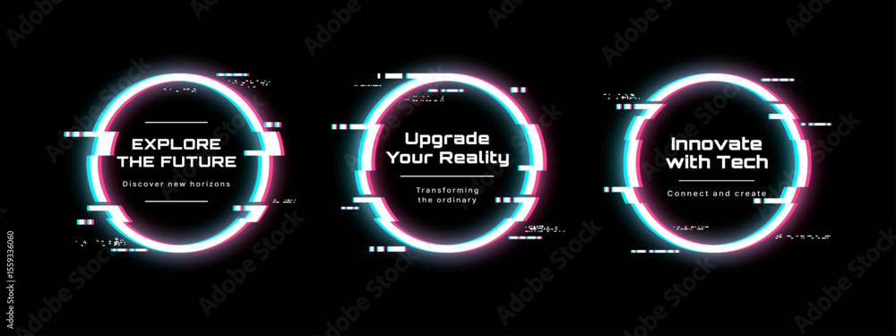 Aufkleber Three digital frame circles with glitch frame vector for future concept and discovery. Futuristic technology layout.