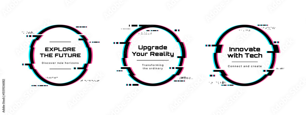 Poster Three abstract glitch frames with text, each depicting digital distortion effects. Modern minimalist cyber art for tech concepts.