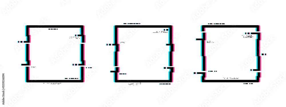 Poster Set of three glitch frames with distorted digital effect. Abstract video art in cyber style. Modern design for border.