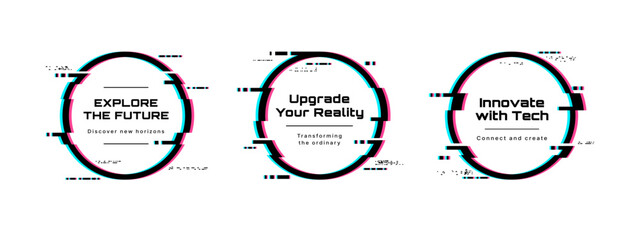 Three abstract glitch frames with text, each depicting digital distortion effects. Modern minimalist cyber art for tech concepts.