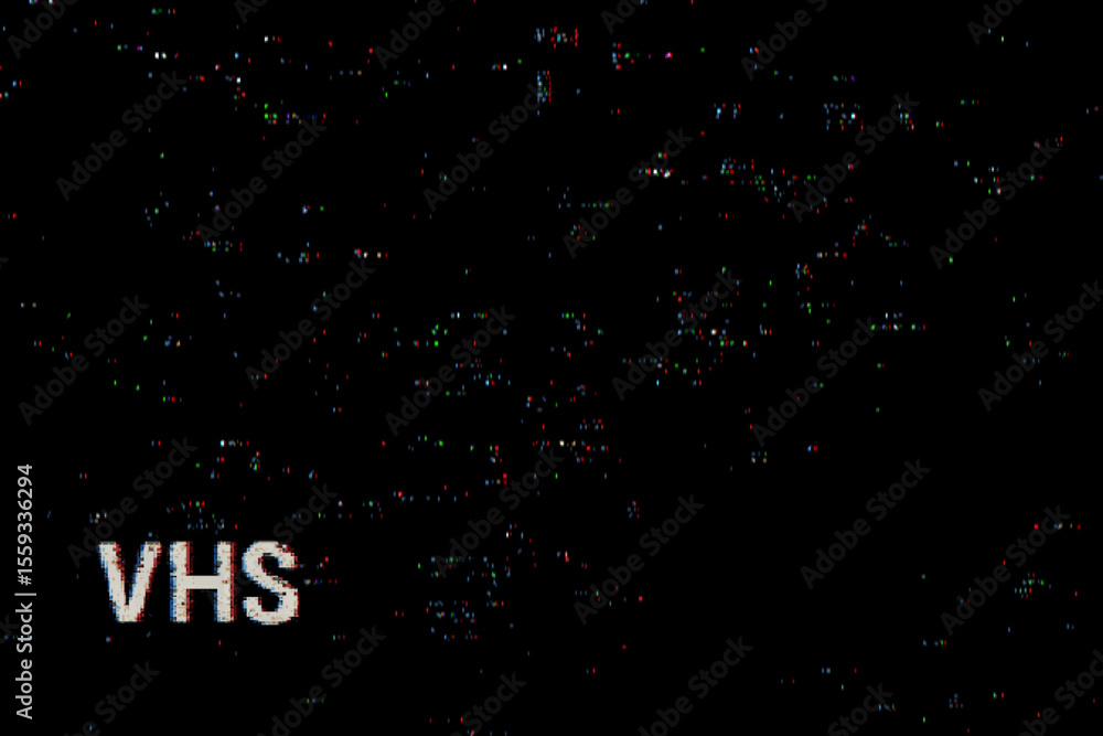 Poster Digital VHS noise with distorted signal, abstract effect. Video playback error on black background. Old analog television failure.