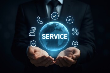 Fototapeta premium Businessman holding a glowing digital globe with service icons representing customer support and global connectivity