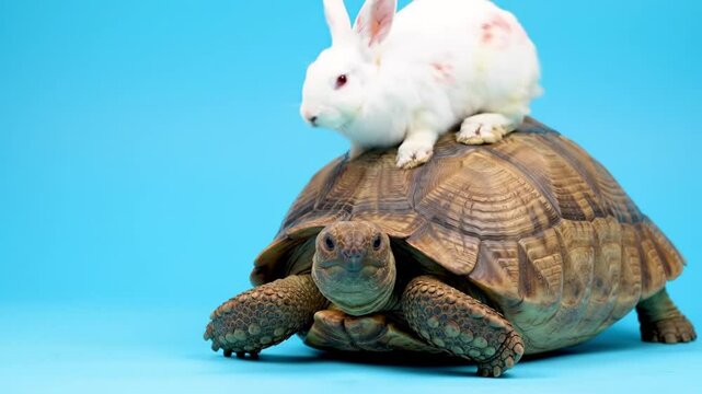 Rabbit sitting on turtle showing slow and steady vs fast and clever analogy
