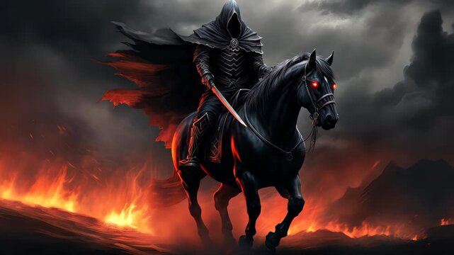Dark Rider of The Apocalypse: A hooded figure on horseback rides through a fiery, post-apocalyptic landscape, evoking a sense of foreboding, doom and the arrival of dark times.