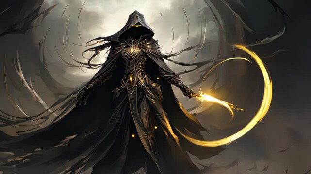 Shadowy Guardian of Light: A cloaked figure emerges from the darkness, their form radiating an otherworldly glow, holding a radiant blade as an emblem of their power.