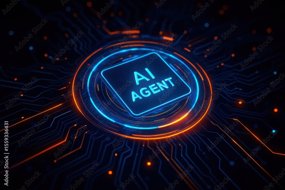Aufkleber glowing ai agent text on a futuristic circuit board with blue and orange neon lights representing da
