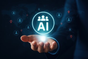 Human hand holding a glowing circle with ai and people icons representing global artificial intelligence network and connections