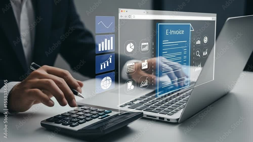Poster Person using calculator and laptop with e invoice display for financial management work process
