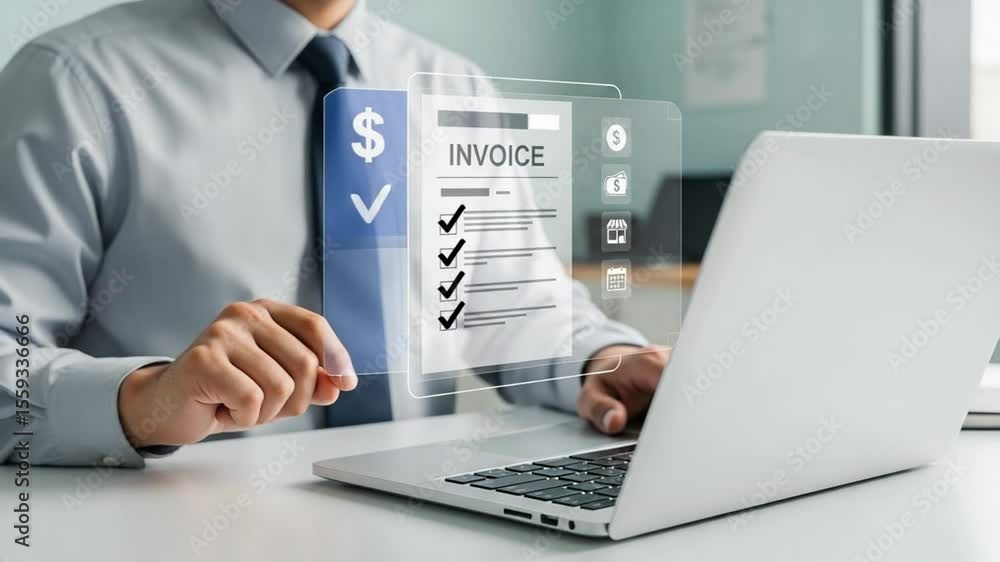 Poster man interacting with digital invoice on laptop screen in office setting wearing a shirt and tie