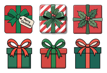 Collection of six festive christmas gift boxes with ribbons and bows isolated on white background