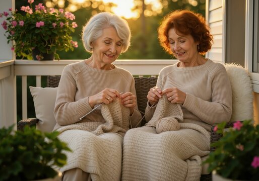 Two senior women knitting on a porch. Happy female friends enjoying hobby and relaxation outdoors. Generational bond. - Powered by Adobe