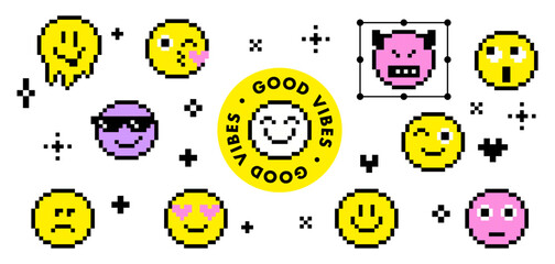 Set of pixel art emoticon yellow faces. Retro 8 bit circle smile icons of happy, sad and angry expression. Smiling melting face, cool sunglasses, wink, laugh, love eyes and kiss stickers on white bg
