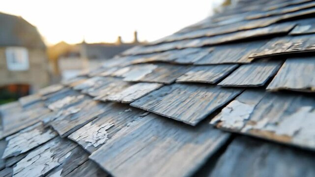Textured roof tiles with chipped white paint