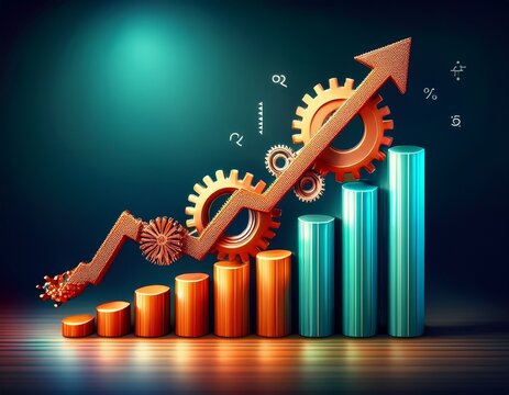 percentage symbol with rotating gear and growing chart symbolizing increasing interest rate