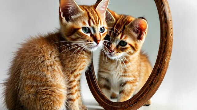 Kitten and Mirror Reflection: An adorable ginger kitten gazes intently at its reflection in an oval mirror, its green eyes captivating. The scene is filled with charm and curiosity.