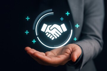 Businesswoman holding a glowing handshake icon symbolizing partnership and successful collaboration in a modern digital interface