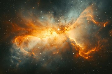 Fototapeta premium Stunning cosmic landscape with fiery orange nebulae glowing amidst a dark, starry expanse. Space exploration photography unveils the galaxy's beauty.