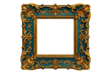 Ornate teal and gold baroque picture frame with intricate scrollwork isolated on transparent background