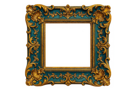 Ornate teal and gold baroque picture frame with intricate scrollwork isolated on transparent background - Powered by Adobe