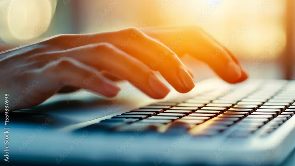 Poster hands-on keyboard: a close-up shot captures a pair of hands diligently typing on a laptop keyboard, 