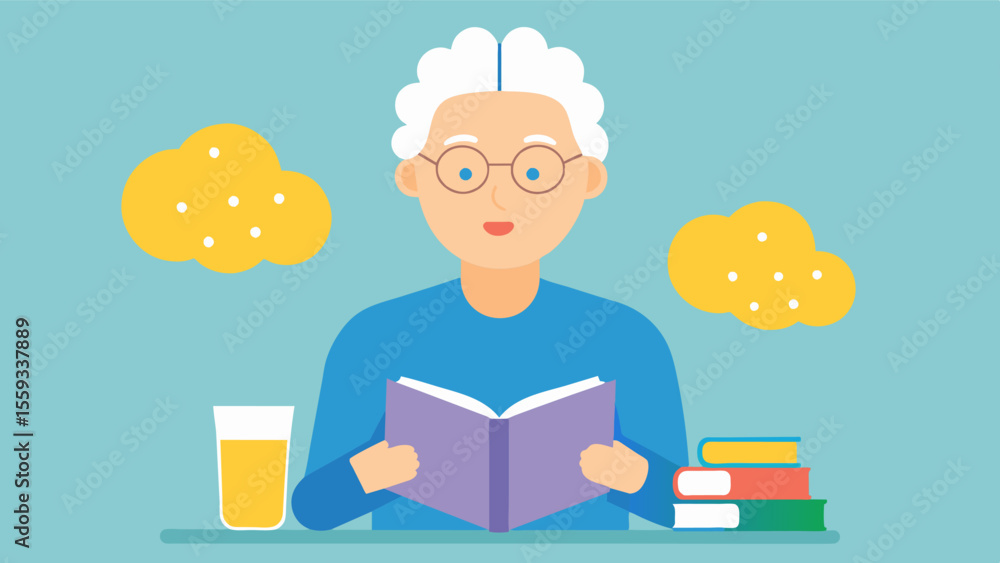 Poster an elderly person reading a book with a stack of brain health supplements next to them symbolizing t