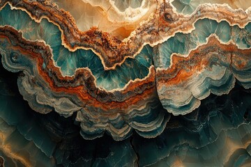 Obraz premium Dramatic abstract image of gemstone showcasing teal, brown and gold layers in a unique marbled pattern.
