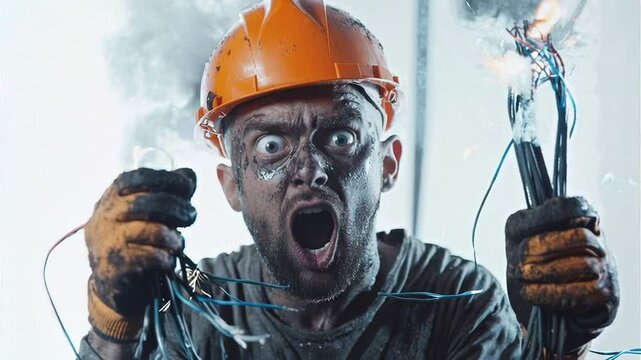 Funny DIY Electrician Gets Shocked Holding Sparking Cables. An inexperienced man receives a shock while holding two sparking wires. A humorous scene