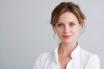 portrait of dermatologist positioned on right side of frame exhibiting calm expression