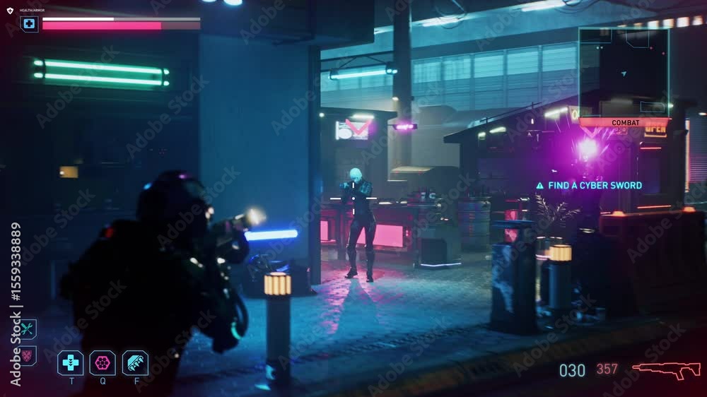 Poster pc game in cyberpunk setting animation. find cyber sword mission fail. player fails to defeat futuri