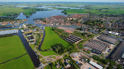 Aerial view of the old town of the city Grou in the Netherlands on a sunny day in summer	
